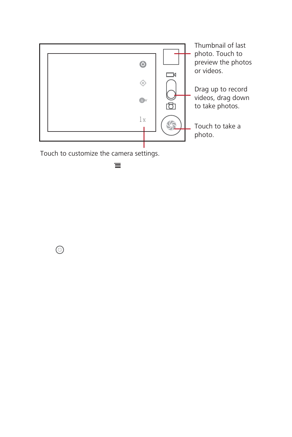 Capture screen, 2 taking a photo, 3 viewing your photos | 4 recording a video | Huawei U8186 User Manual | Page 44 / 75