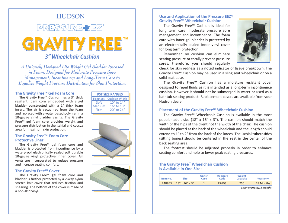 Gravity free, 3” wheelchair cushion, Hudson | Hudson Medical 3 Gravity Free User Manual | Page 2 / 2