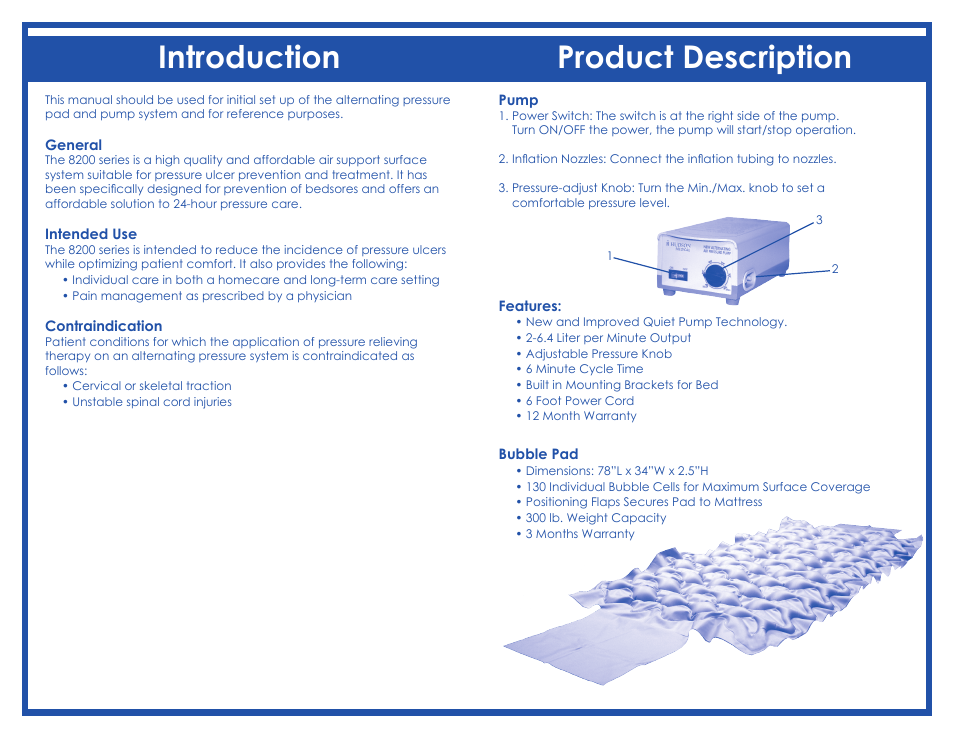 Introduction product description | Hudson Medical Alternating Pressure Pad User Manual | Page 3 / 7