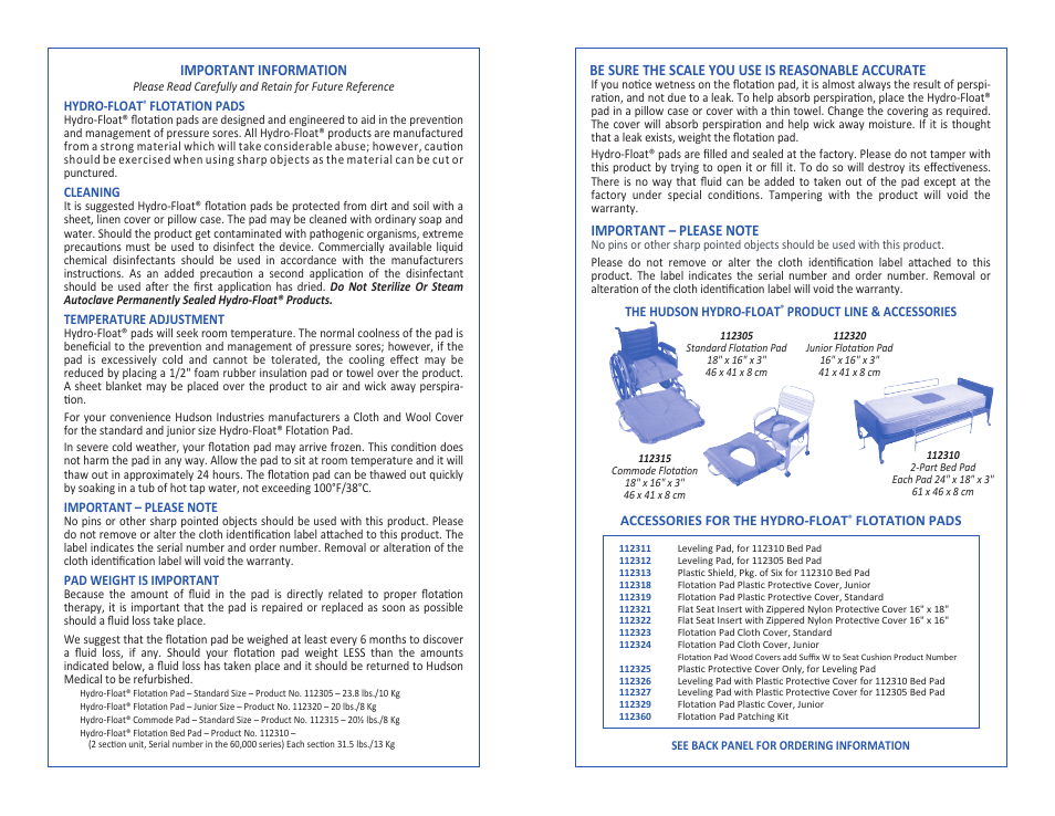 Important information, Be sure the scale you use is reasonable accurate | Hudson Medical Hydro-Float User Manual | Page 2 / 2