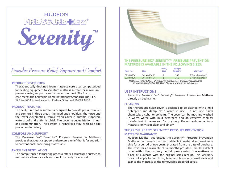 Pressure prevention mattress, Provides pressure relief, support and comfort, Hudson | Hudson Medical Serenity Mattress User Manual | Page 2 / 2