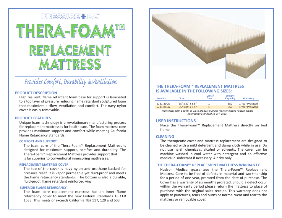 Thera-foam, Provides comfort, durability &ventilation | Hudson Medical Thera-Foam Replacement Mattress User Manual | Page 2 / 2