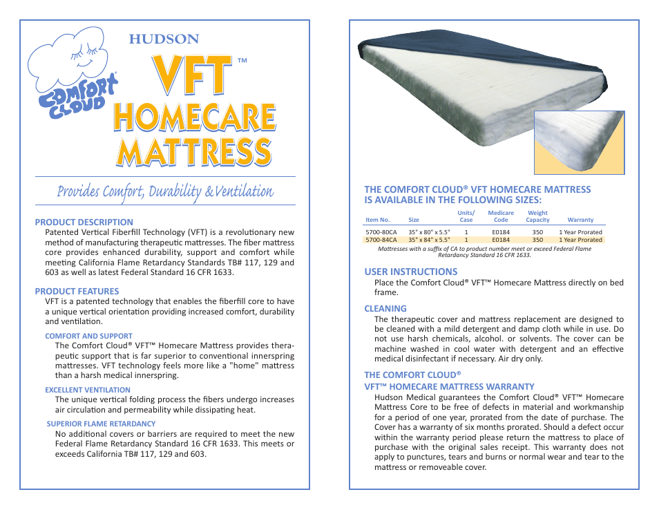 Homecare mattress homecare mattress, Provides comfort, durability &ventilation | Hudson Medical VFT Homecare Mattress User Manual | Page 2 / 2