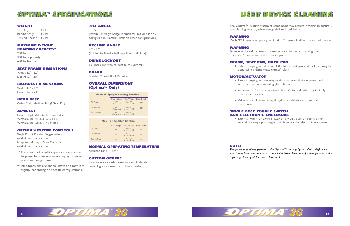 User device cleaning, Specifications | Hudson Medical Optima Seating System User Manual | Page 4 / 10