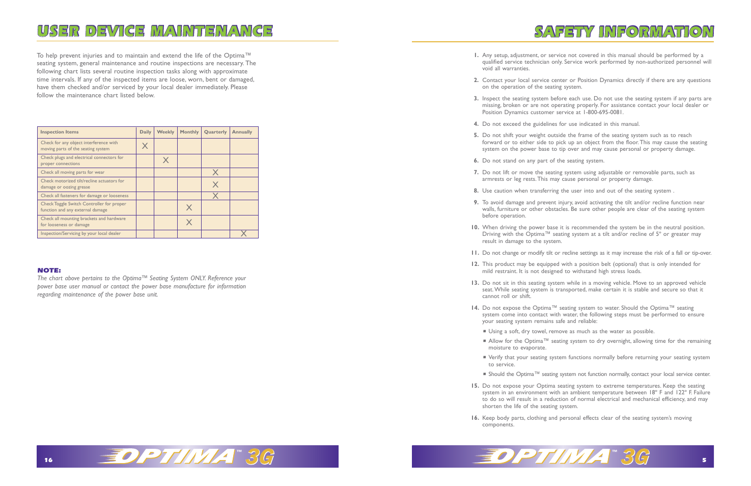 User device maintenance, Safety information | Hudson Medical Optima Seating System User Manual | Page 5 / 10