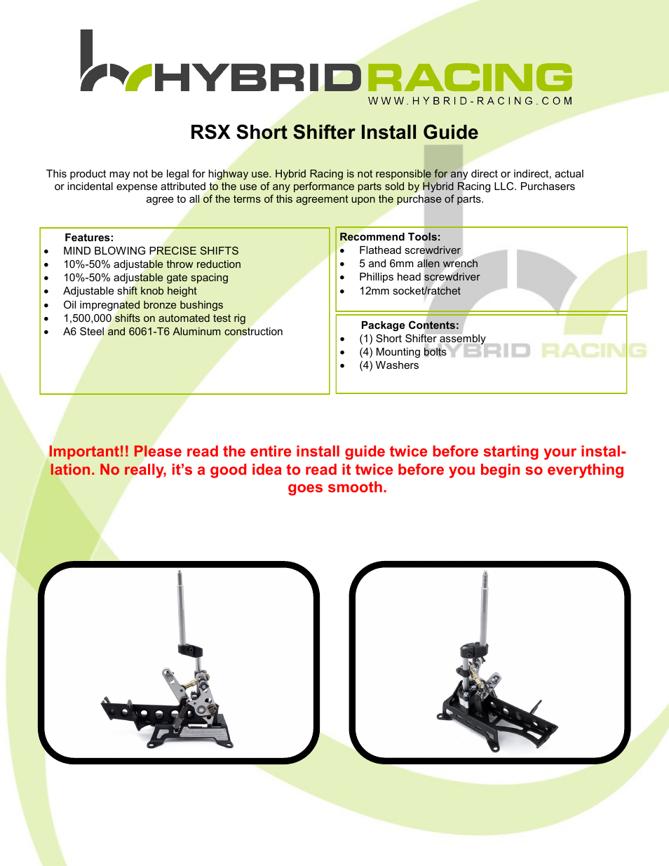 Hybrid Racing HR 02-06 Acura RSX Short Shifter User Manual | 11 pages
