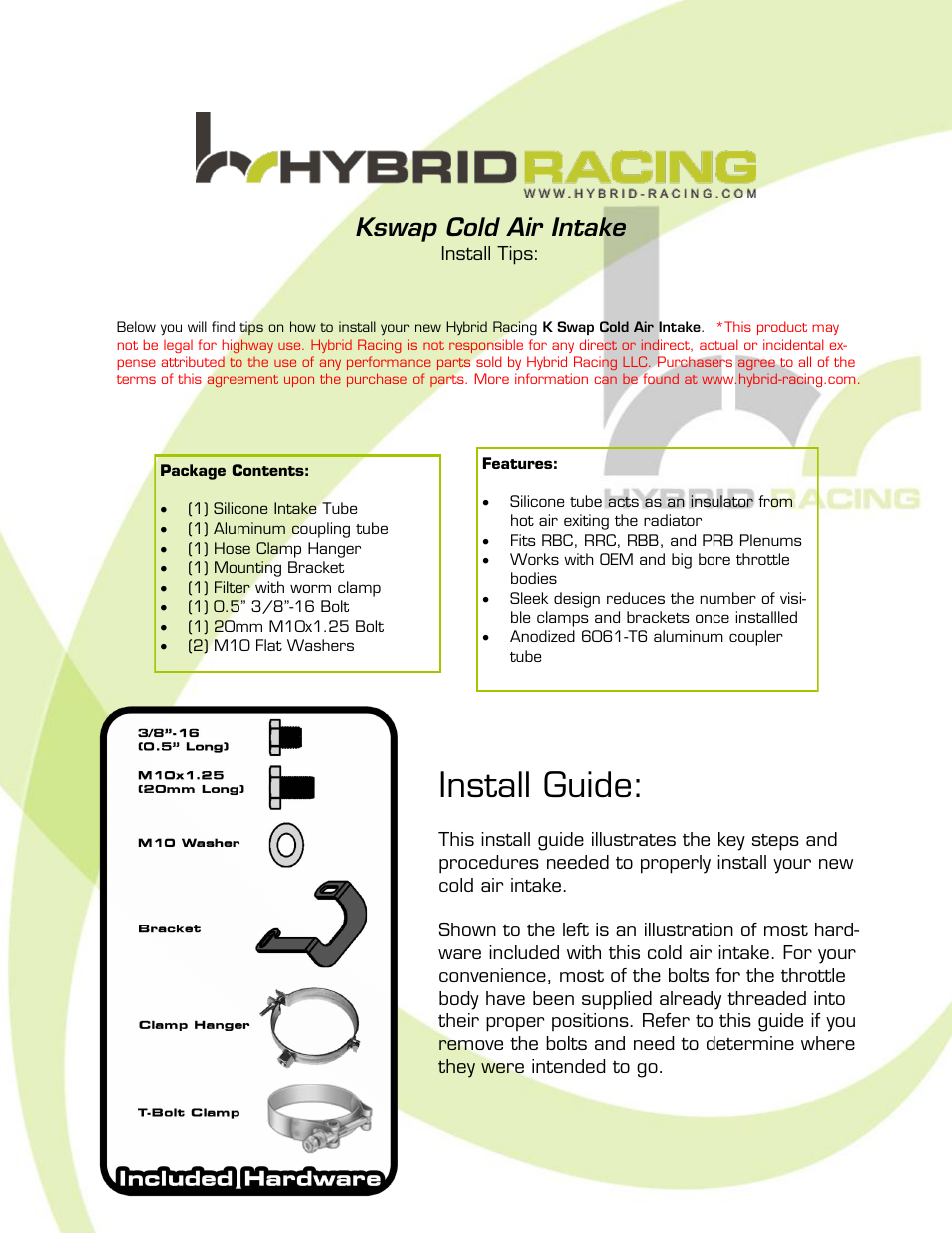 Hybrid Racing HR Kswap Cold Air Intake User Manual | 9 pages