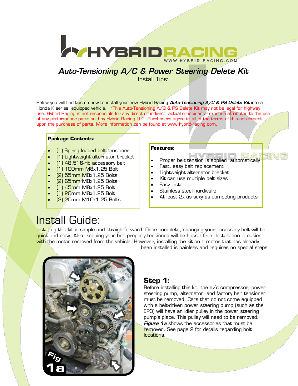 Hybrid Racing HR Autotensioning AC and Power steering removal kit User Manual | 6 pages