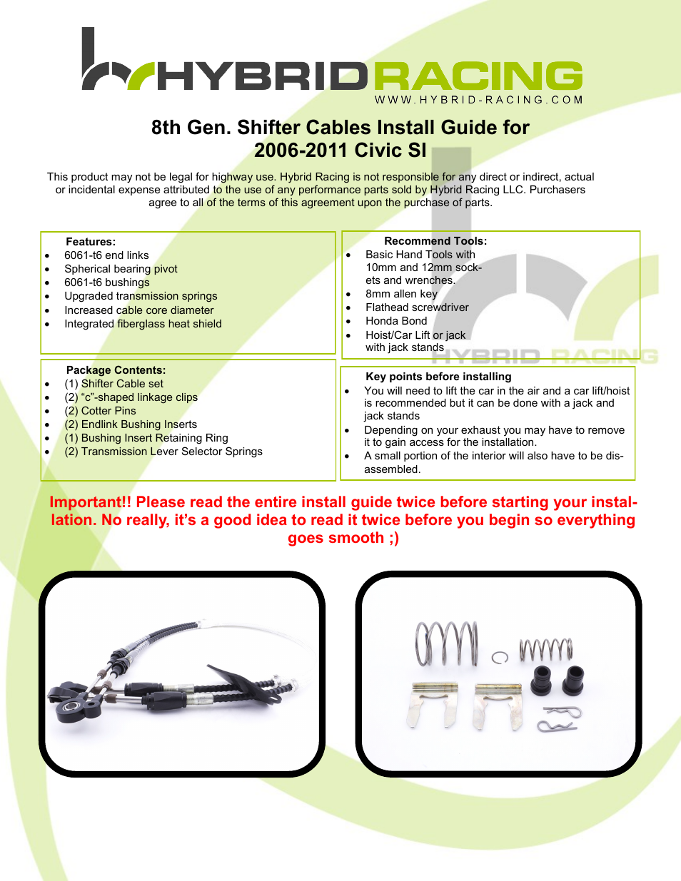 Hybrid Racing HR 06+ 8th Gen Civic Si Shifter Cables User Manual | 15 pages