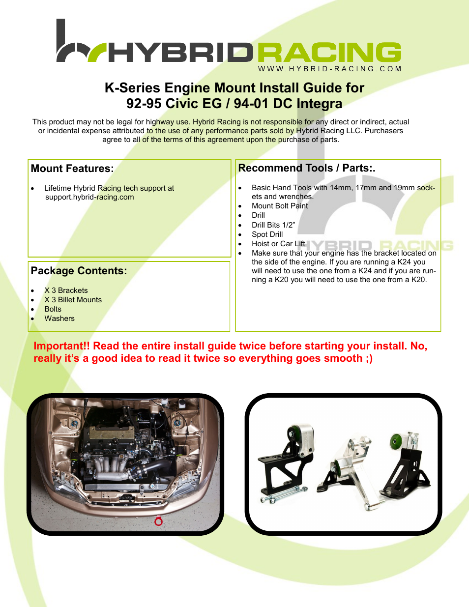 Hybrid Racing HR EG DC Kswap Mount Kit User Manual | 8 pages