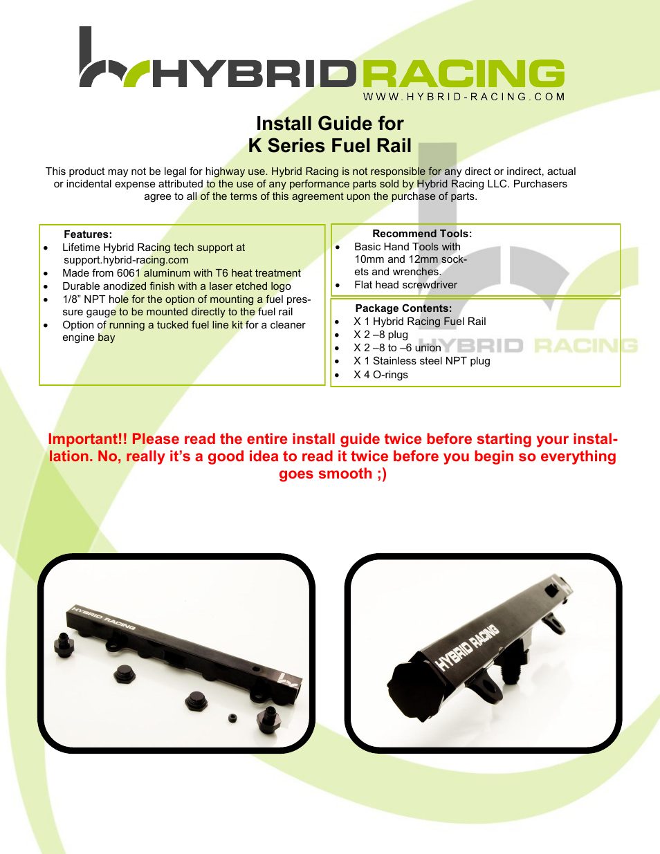 Hybrid Racing HR K-Series Fuel Rail User Manual | 8 pages