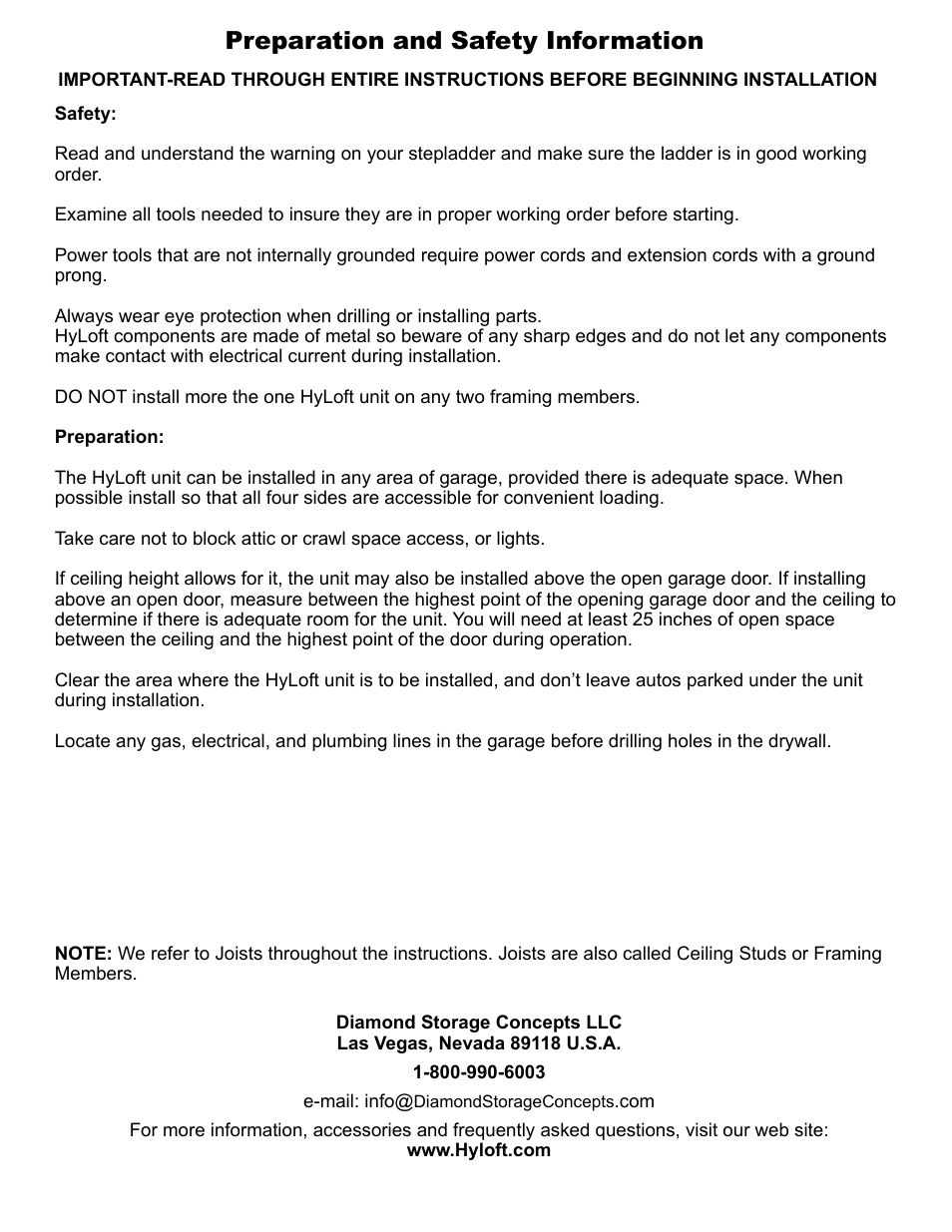 Preparation and safety information | Hyloft 48 x 96 Super Pro Ceiling Storage Unit 00164 and 00199 User Manual | Page 2 / 6
