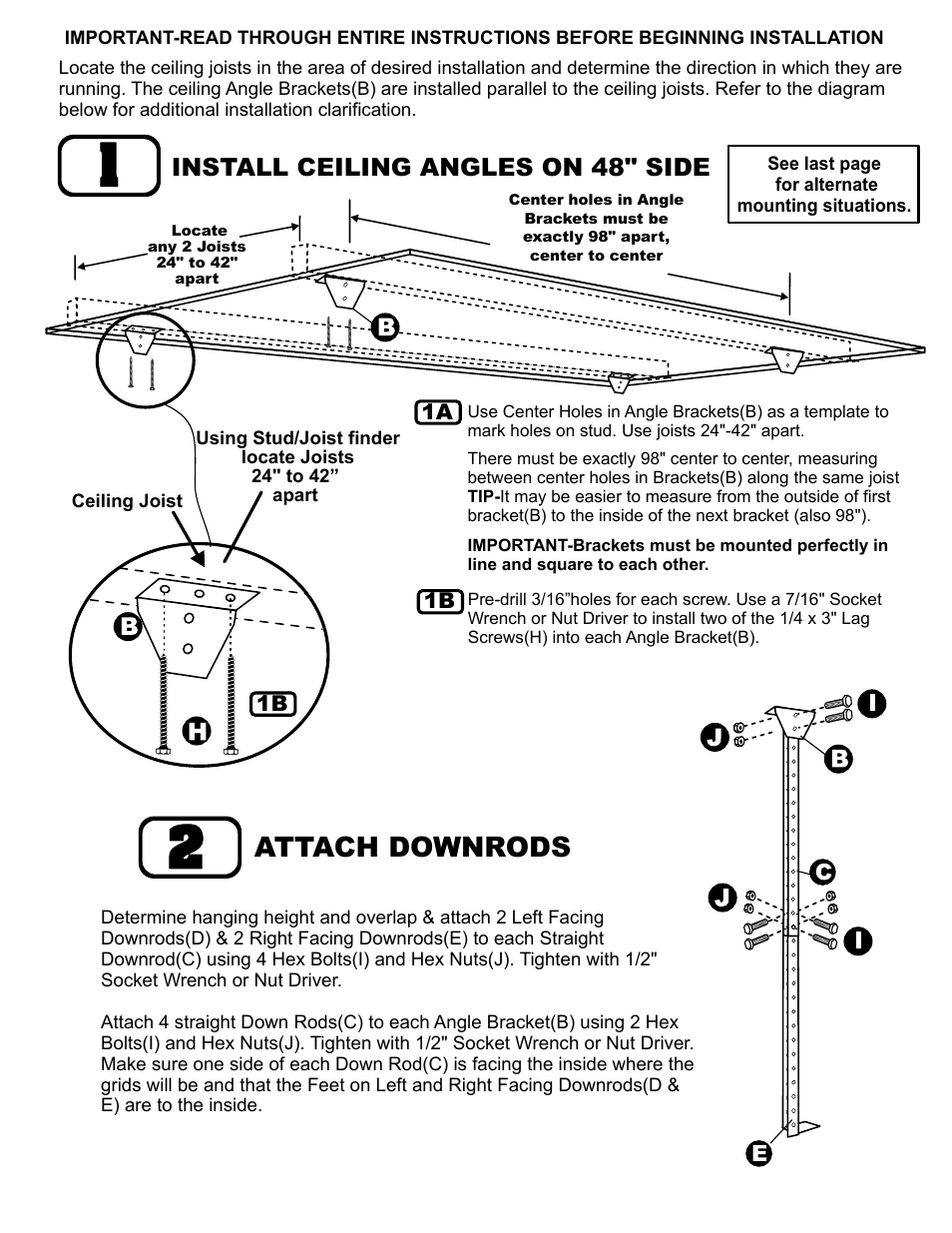 Attach downrods, Install ceiling angles on 48" side | Hyloft 48 x 96 Super Pro Ceiling Storage Unit 00164 and 00199 User Manual | Page 4 / 6