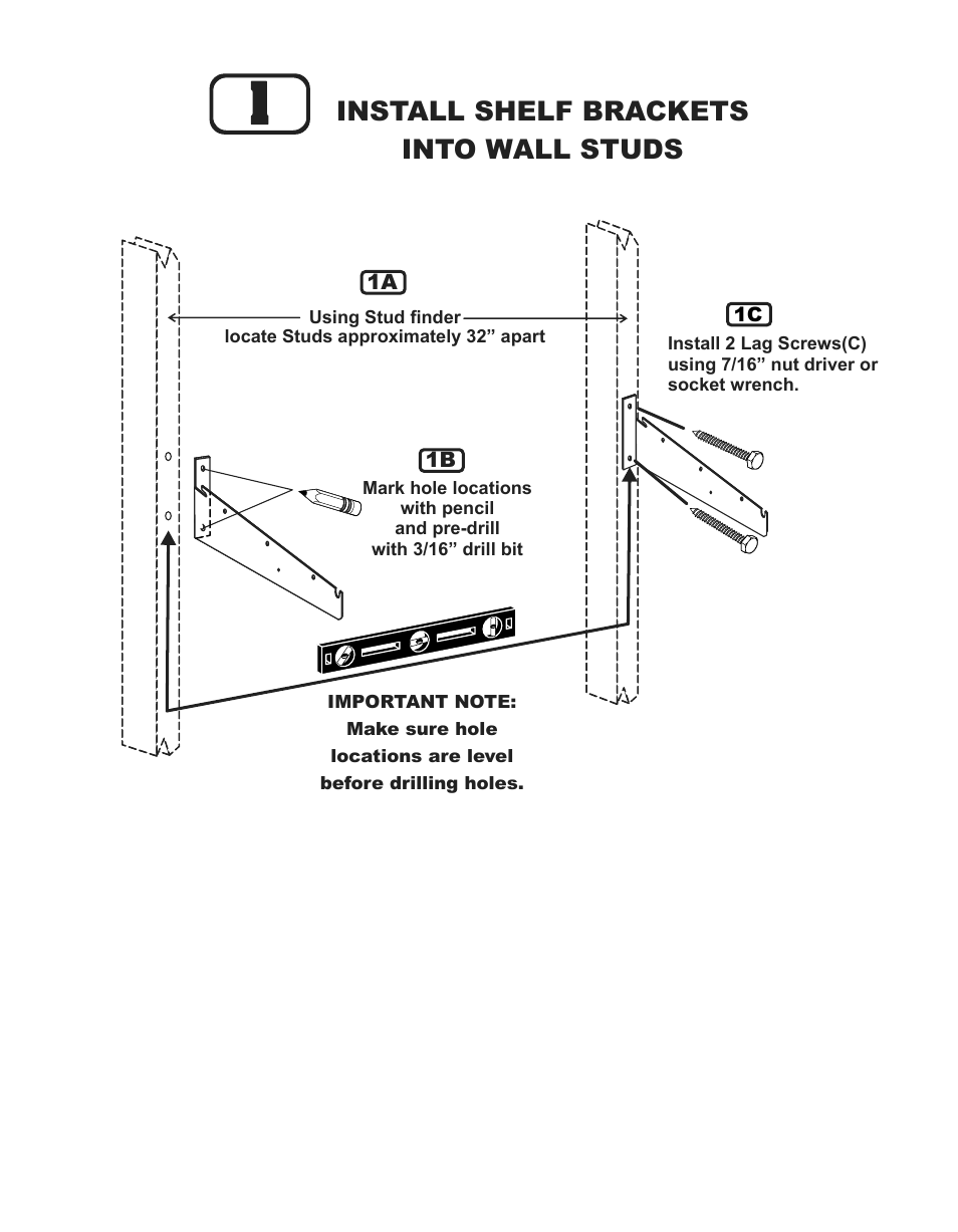 Install shelf brackets into wall studs | Hyloft 18 x 36 Wall Storage System 00777 User Manual | Page 3 / 4