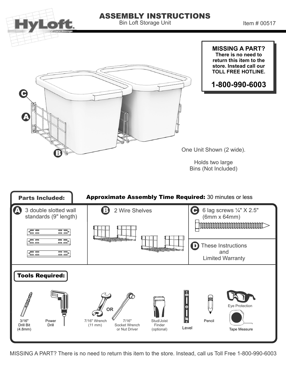 Assembly instructions, Missing a part | Hyloft Bin Loft Unit 00517 User Manual | Page 2 / 4