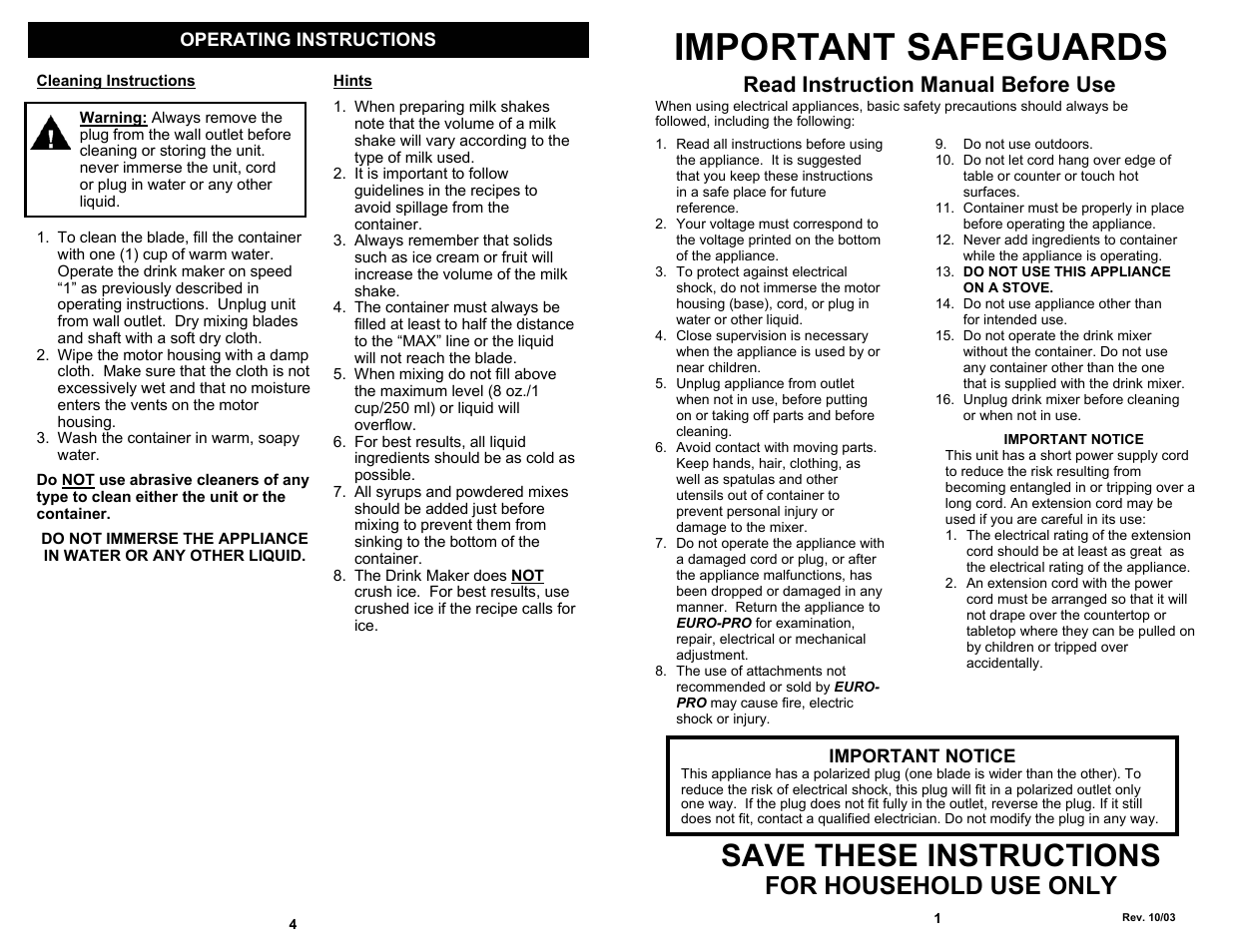 Important safeguards, Save these instructions, For household use only | Read instruction manual before use | Bravetti PLATINUM PRO EP542 User Manual | Page 3 / 4