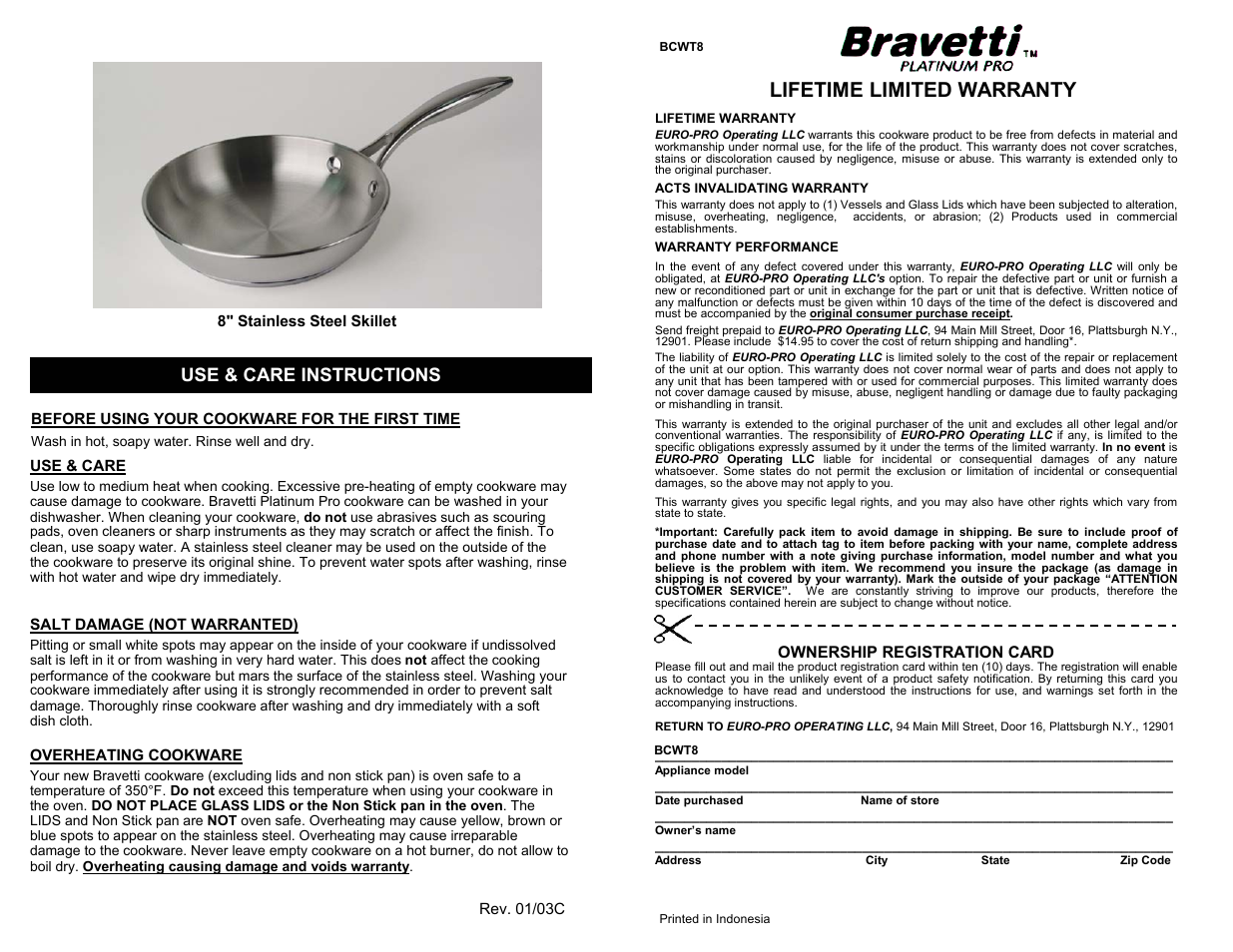 Lifetime limited warranty, Use & care instructions | Bravetti BCWT8 User Manual | Page 2 / 2