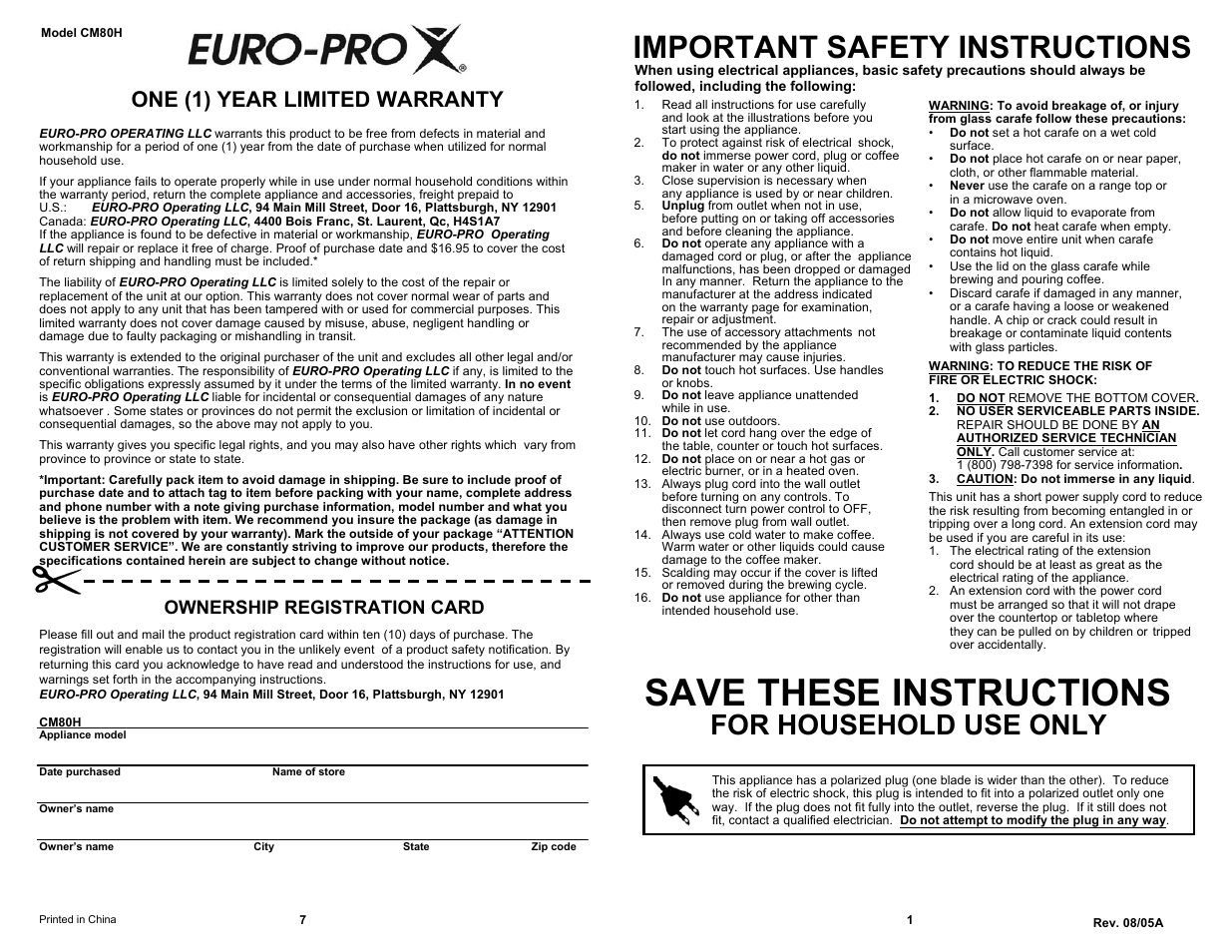 Save these instructions, Important safety instructions, For household use only | One (1) year limited warranty, Ownership registration card | Bravetti CM80H User Manual | Page 3 / 6