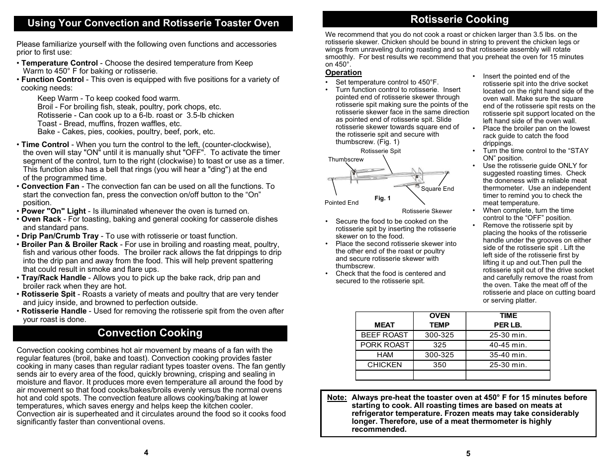 Convection cooking rotisserie cooking, Using your convection and rotisserie toaster oven | Bravetti K4245H User Manual | Page 6 / 6