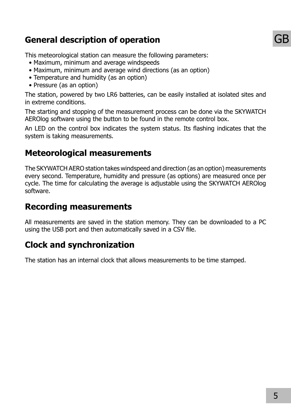 Recording measurements, Meteorological measurements, 5general description of operation | Clock and synchronization | JDC Electronic SA Skywatch Aero User Manual | Page 5 / 15