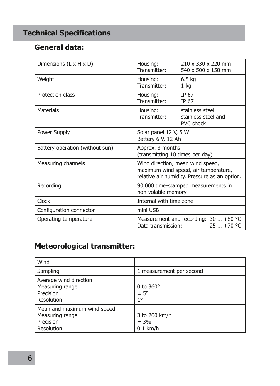 Meteorological transmitter, Technical specifications general data | JDC Electronic SA Skywatch N.E.W.S. User Manual | Page 6 / 13