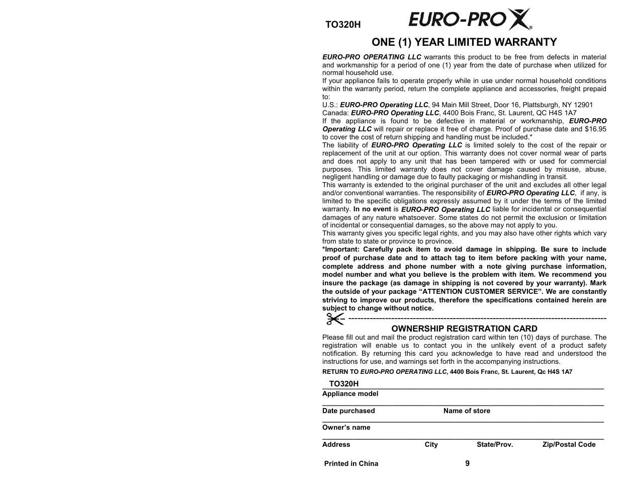 One (1) year limited warranty | Bravetti TO320H User Manual | Page 2 / 6