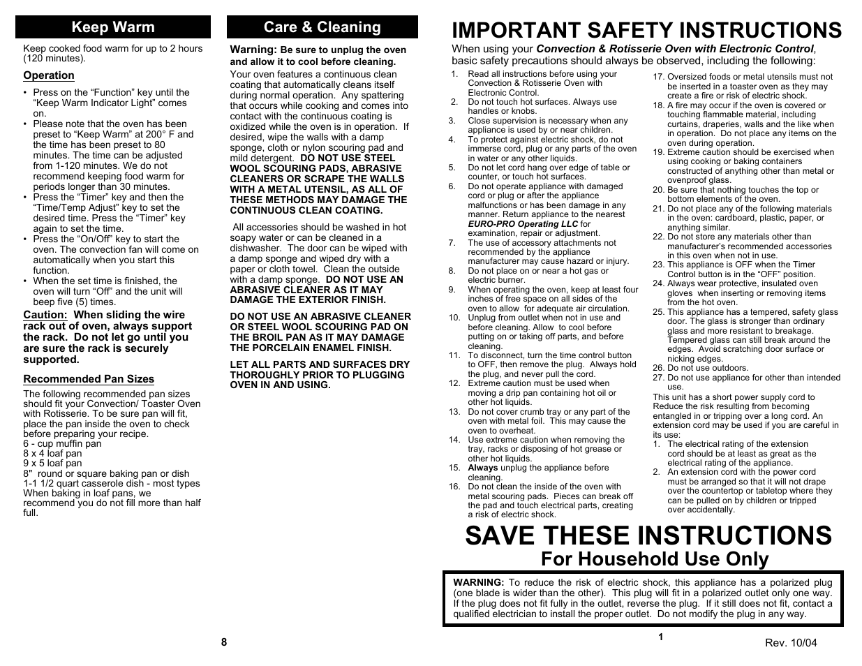 Save these instructions, Important safety instructions, For household use only | Keep warm, Care & cleaning | Bravetti TO320H User Manual | Page 3 / 6