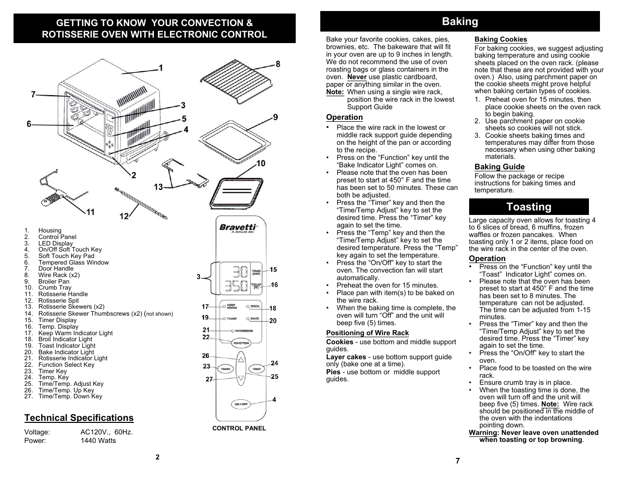 Toasting, Baking, Technical specifications | Bravetti TO320H User Manual | Page 4 / 6