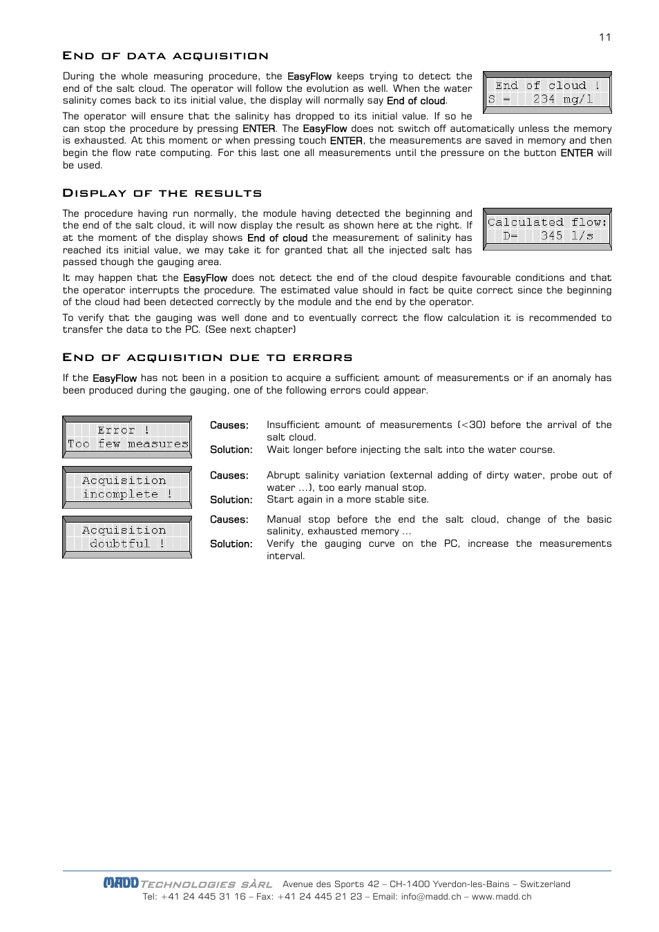 End of data acquisition, Display of the results, End of acquisition due to errors | Technologies sàrl | JDC Electronic SA EasyFlow User Manual | Page 11 / 14