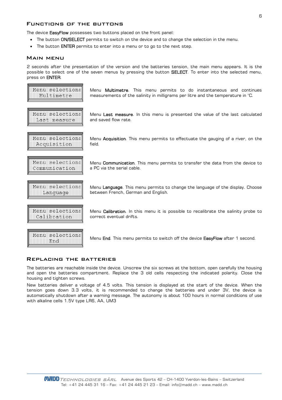 Functions of the buttons, Main menu, Replacing the batteries | Technologies sàrl | JDC Electronic SA EasyFlow User Manual | Page 6 / 14