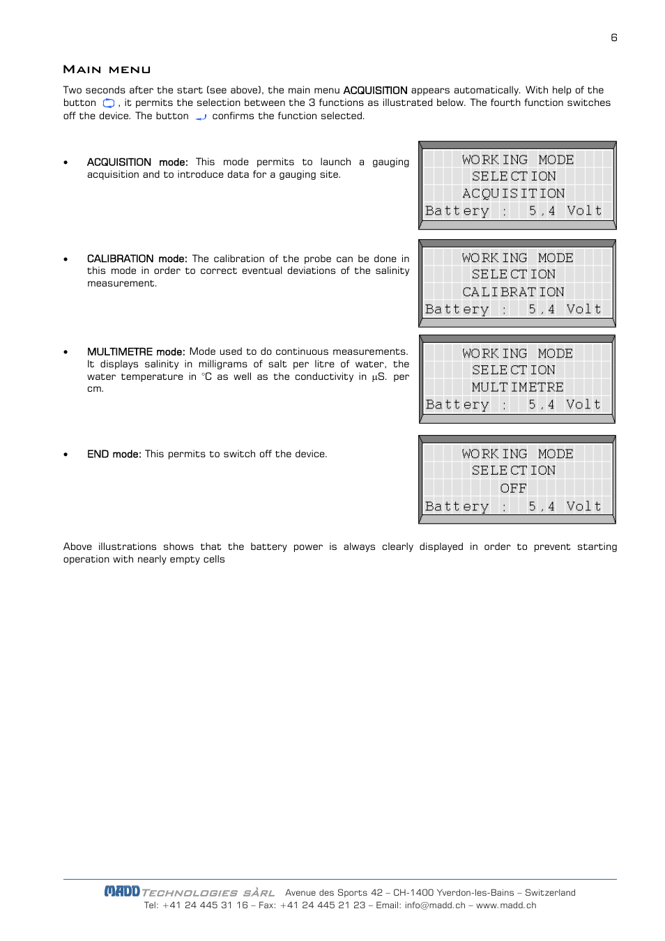 Main menu, Technologies sàrl, Madd | JDC Electronic SA SalinoMADD User Manual | Page 6 / 16