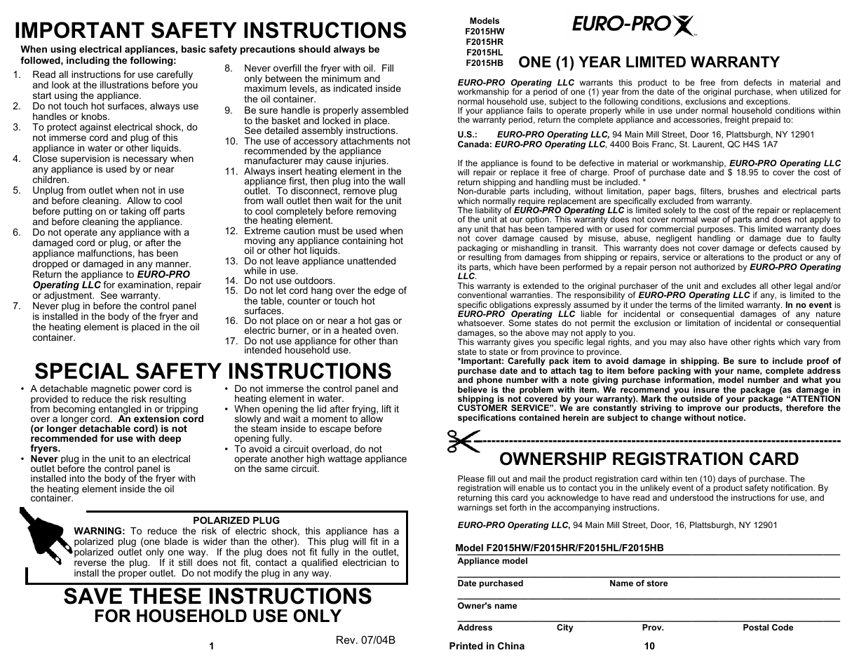 Important safety instructions, Special safety instructions, Save these instructions | Ownership registration card, For household use only, One (1) year limited warranty | Bravetti COOL TOUCH DEEP FRYER F2015HB User Manual | Page 2 / 6