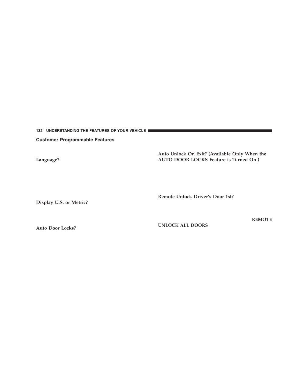 Customer programmable features | Jeep 2005 Liberty User Manual | Page 132 / 424