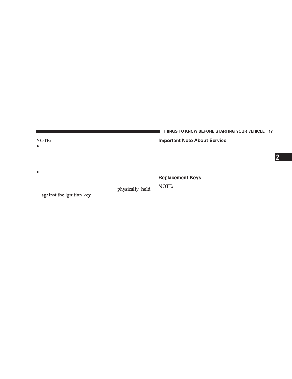 Important note about service, Replacement keys | Jeep 2005 Liberty User Manual | Page 17 / 424