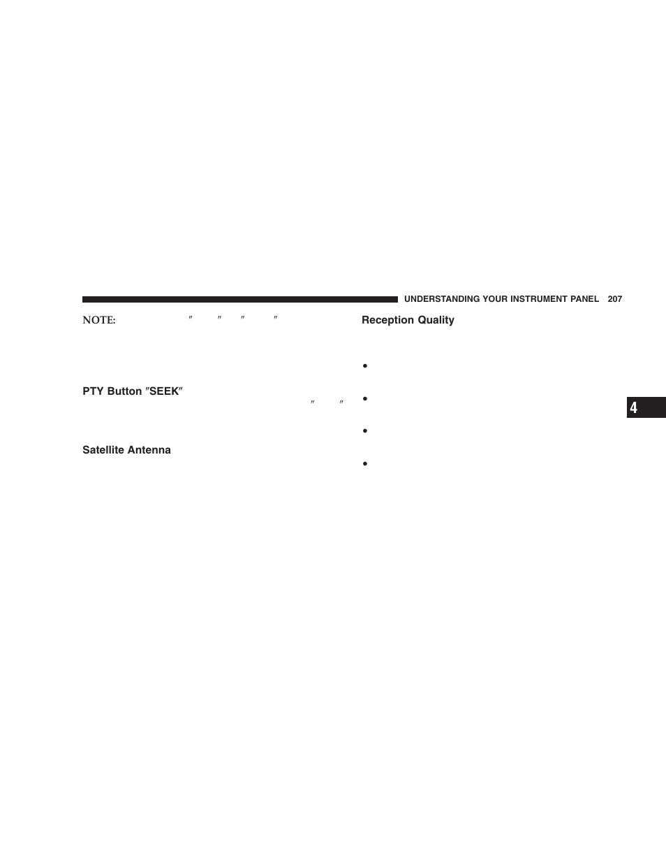 Pty button љseekљ, Satellite antenna, Reception quality | Jeep 2005 Liberty User Manual | Page 207 / 424