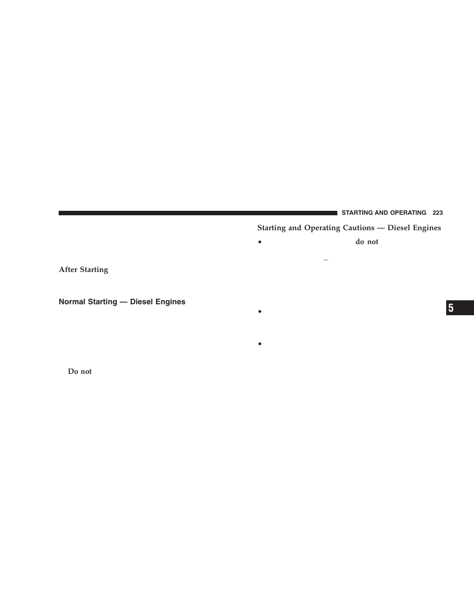 Normal starting — diesel engines | Jeep 2005 Liberty User Manual | Page 223 / 424