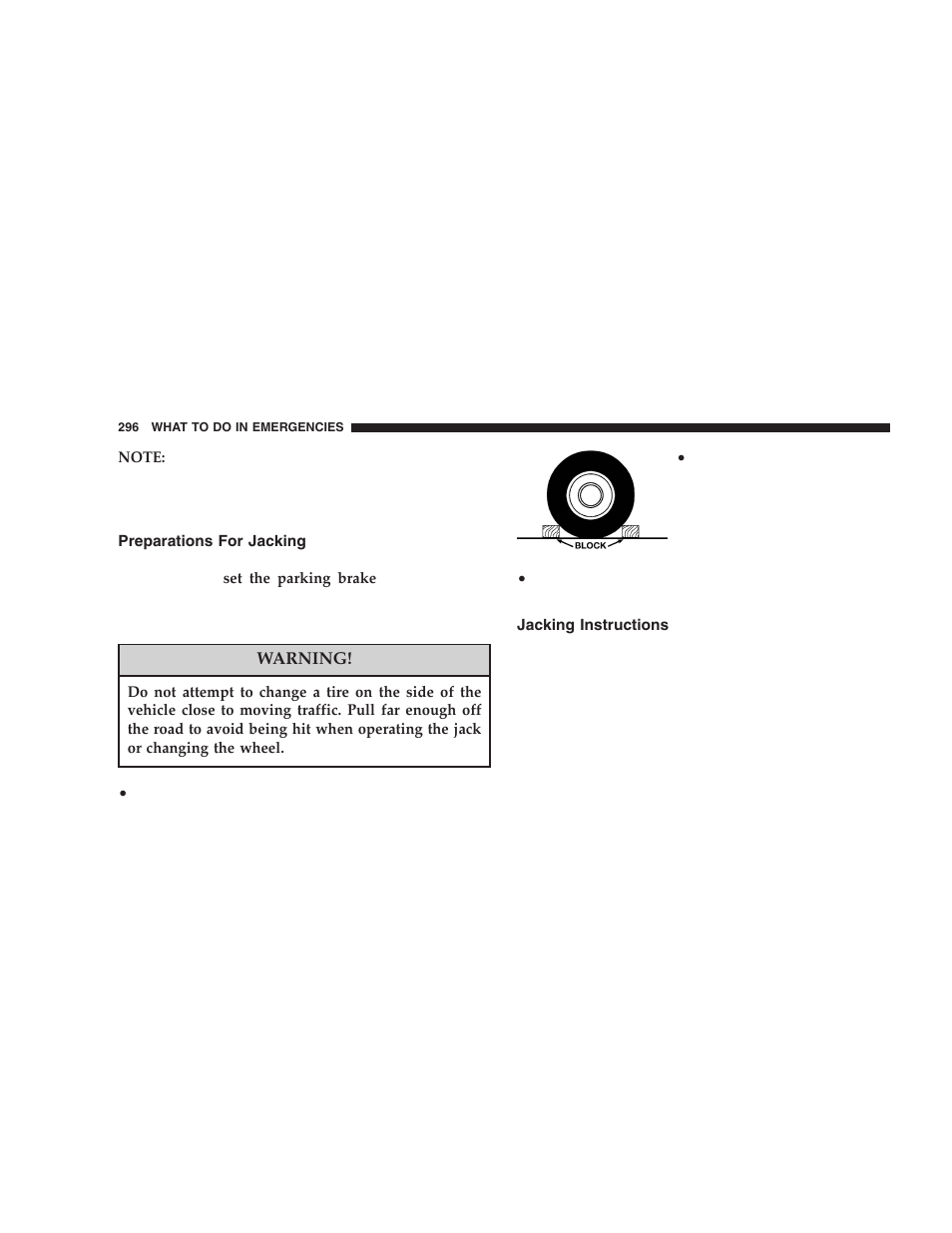 Preparations for jacking, Jacking instructions | Jeep 2005 Liberty User Manual | Page 296 / 424