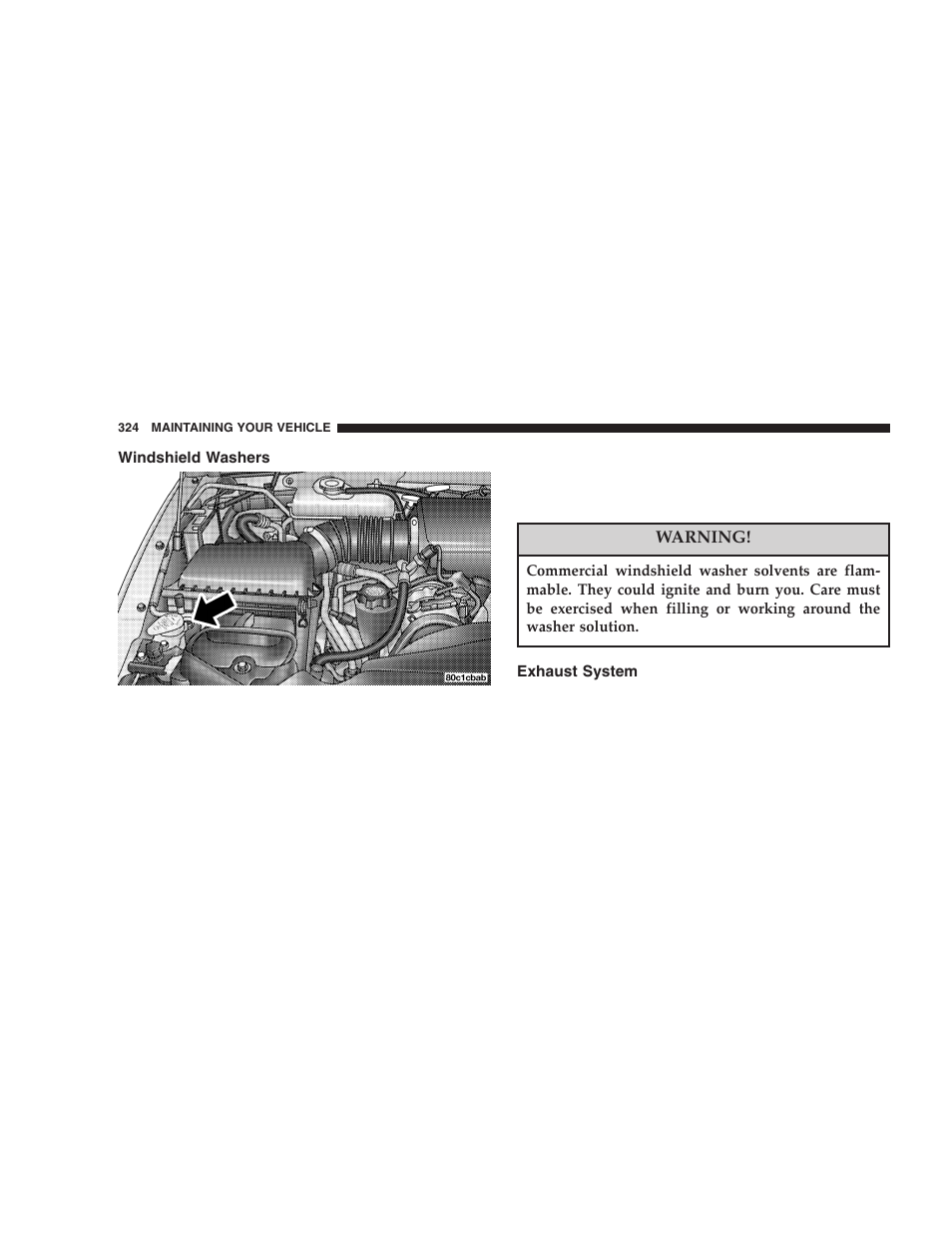 Windshield washers, Exhaust system | Jeep 2005 Liberty User Manual | Page 324 / 424