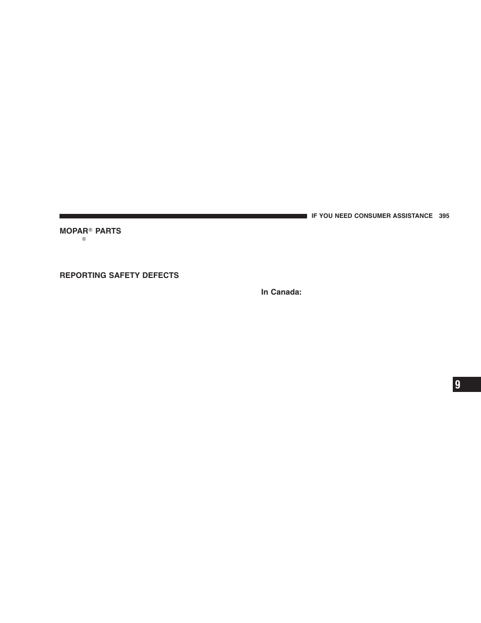 Mopar௡ parts, Reporting safety defects, In canada | Jeep 2005 Liberty User Manual | Page 395 / 424
