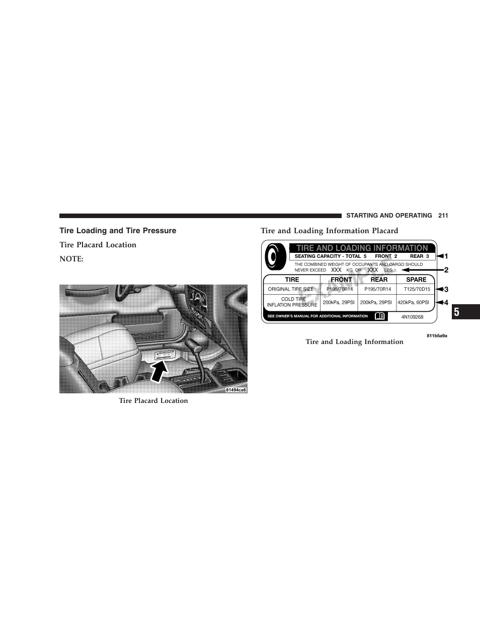 Tire loading and tire pressure | Jeep 2005 Wrangler User Manual | Page 211 / 352