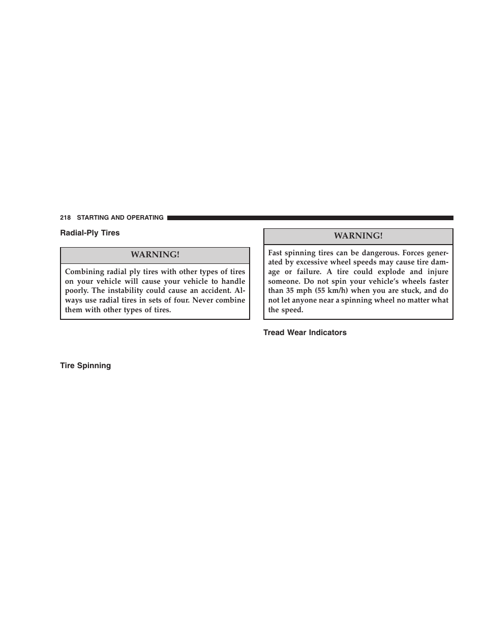 Radial-ply tires, Tire spinning, Tread wear indicators | Jeep 2005 Wrangler User Manual | Page 218 / 352