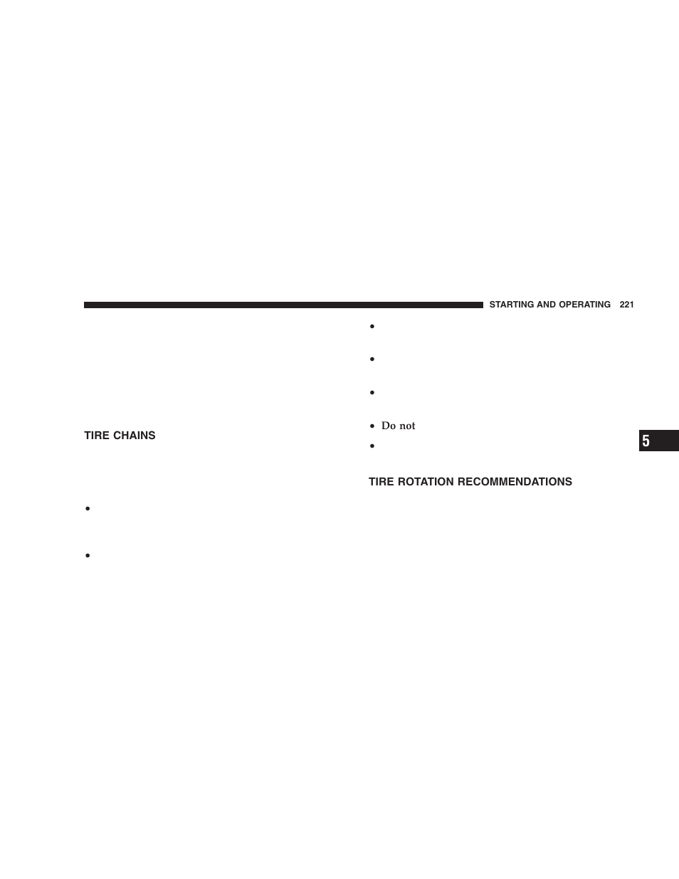 Tire chains, Tire rotation recommendations | Jeep 2005 Wrangler User Manual | Page 221 / 352