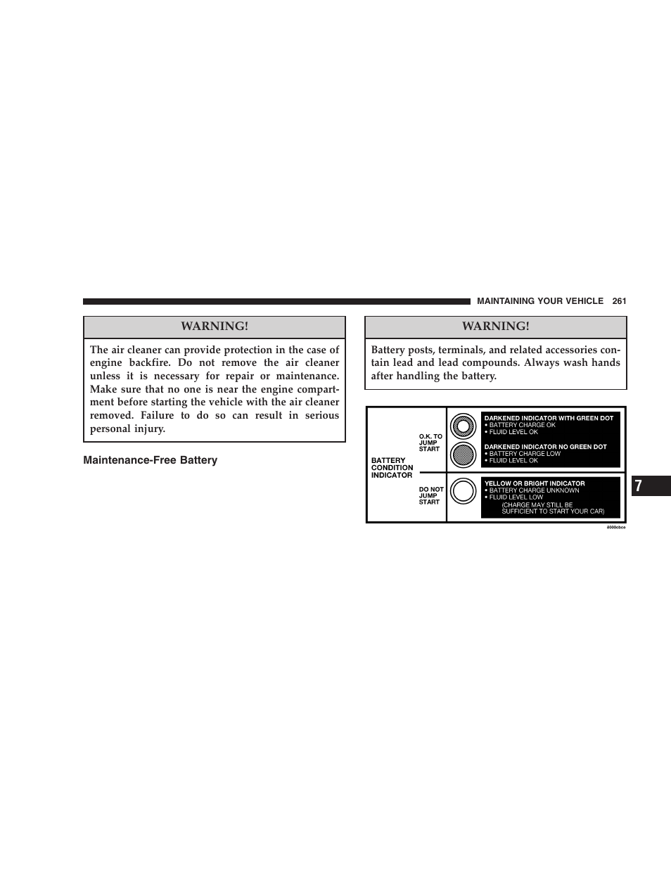 Maintenance-free battery | Jeep 2005 Wrangler User Manual | Page 261 / 352