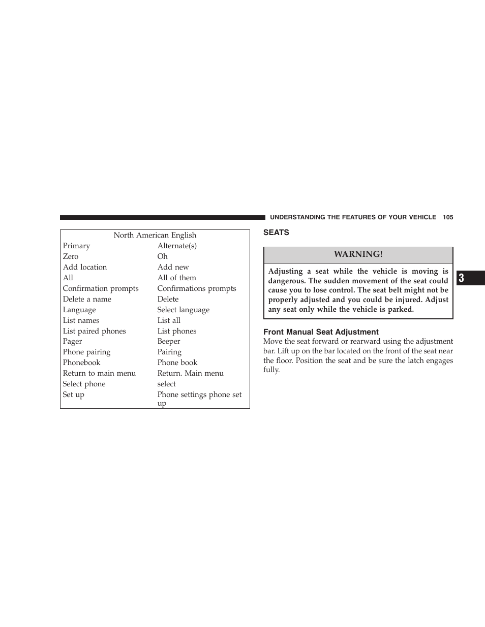 Seats, Front manual seat adjustment | Jeep 2006 Commander User Manual | Page 105 / 440