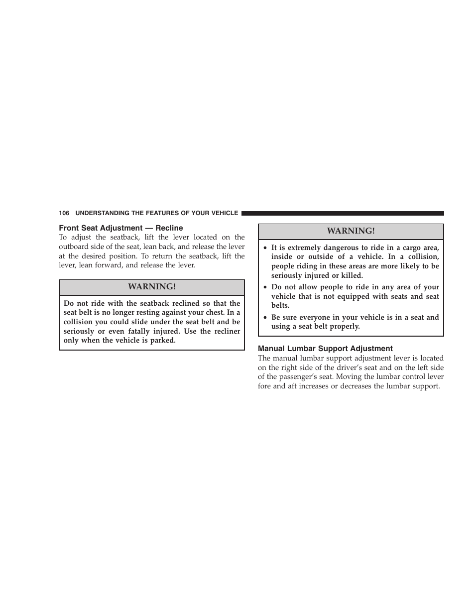 Front seat adjustment — recline, Manual lumbar support adjustment | Jeep 2006 Commander User Manual | Page 106 / 440