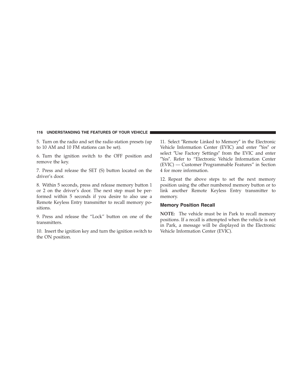Memory position recall | Jeep 2006 Commander User Manual | Page 116 / 440