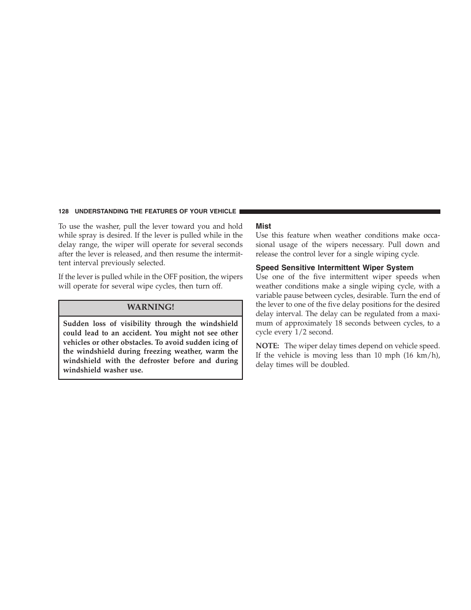 Mist, Speed sensitive intermittent wiper system | Jeep 2006 Commander User Manual | Page 128 / 440