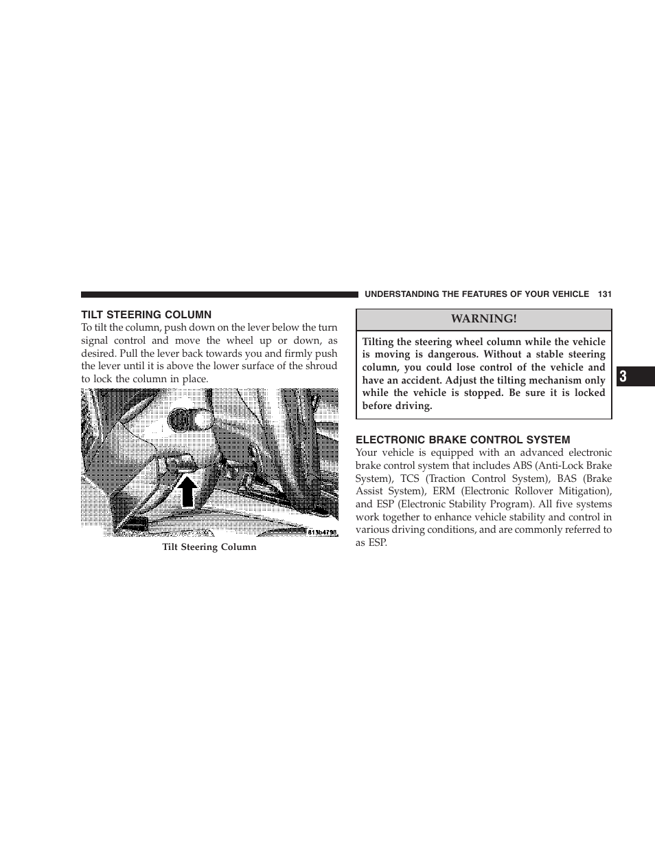Tilt steering column, Electronic brake control system | Jeep 2006 Commander User Manual | Page 131 / 440