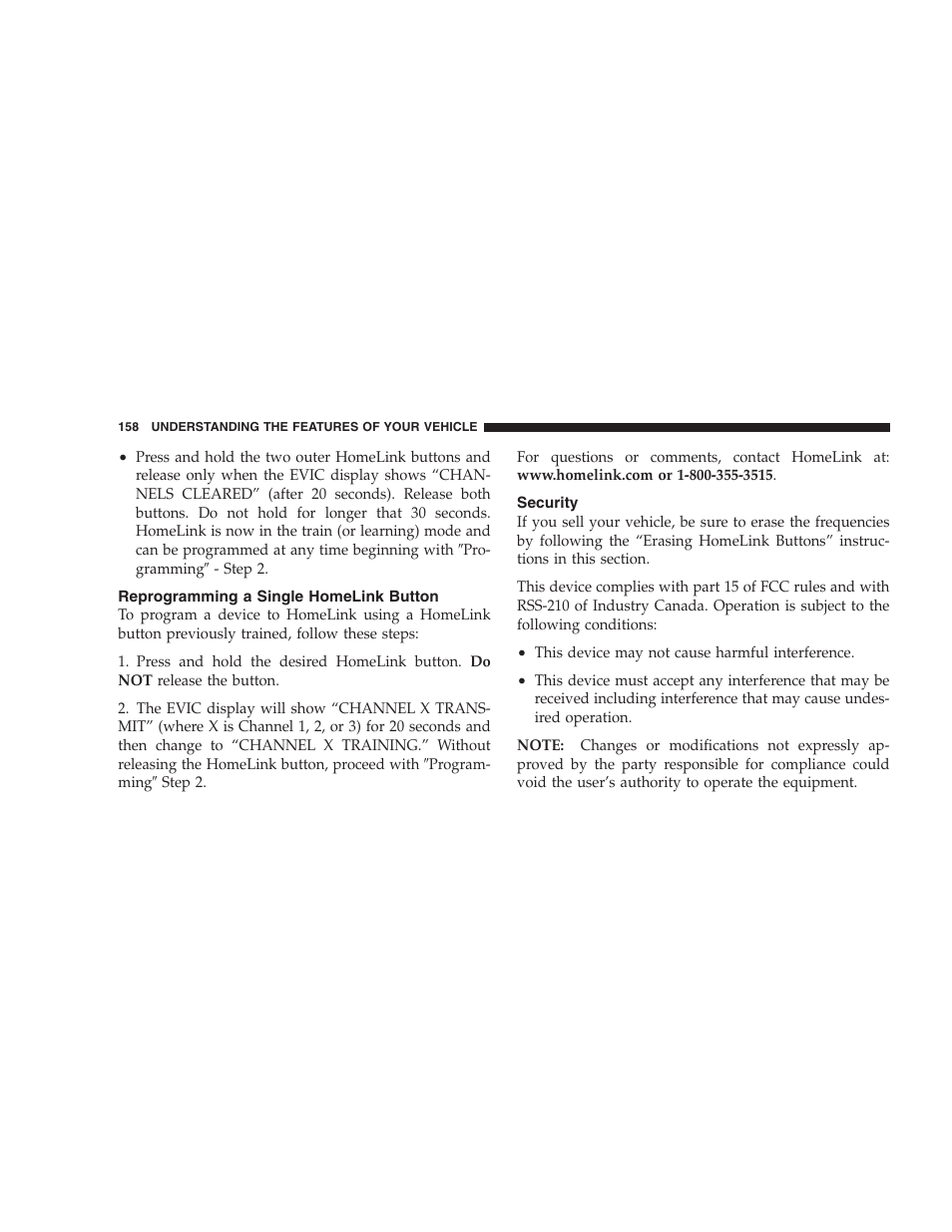 Reprogramming a single homelink button, Security | Jeep 2006 Commander User Manual | Page 158 / 440