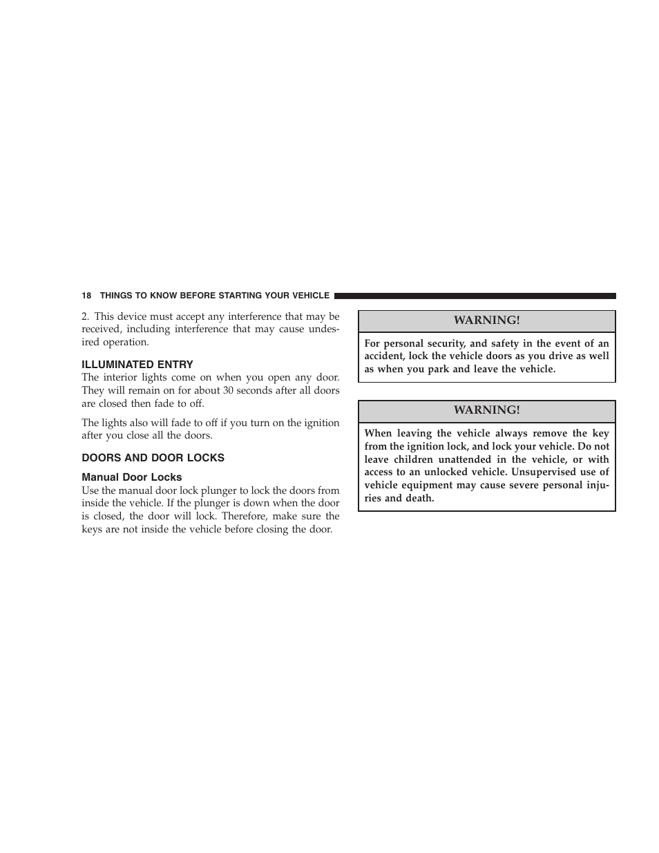 Illuminated entry, Doors and door locks, Manual door locks | Jeep 2006 Commander User Manual | Page 18 / 440